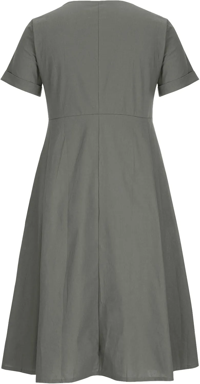 Linen Dresses for Women 2025 Short Sleeve V Neck Plus Size Midi Shirt Dress Flowy Loose Button Down Dress with Pockets