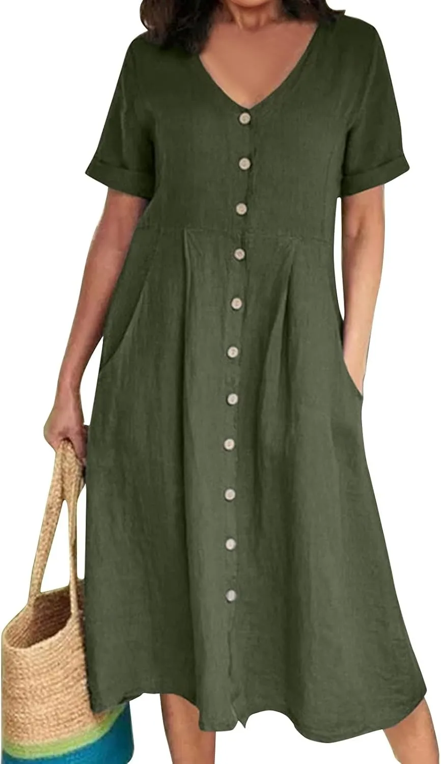 Linen Dresses for Women 2025 Short Sleeve V Neck Plus Size Midi Shirt Dress Flowy Loose Button Down Dress with Pockets