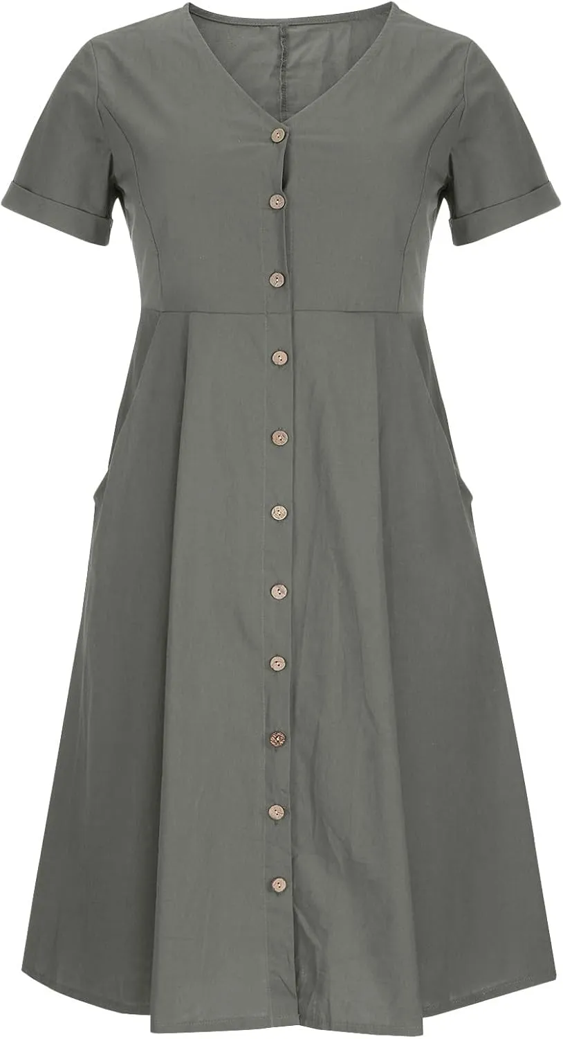 Linen Dresses for Women 2025 Short Sleeve V Neck Plus Size Midi Shirt Dress Flowy Loose Button Down Dress with Pockets