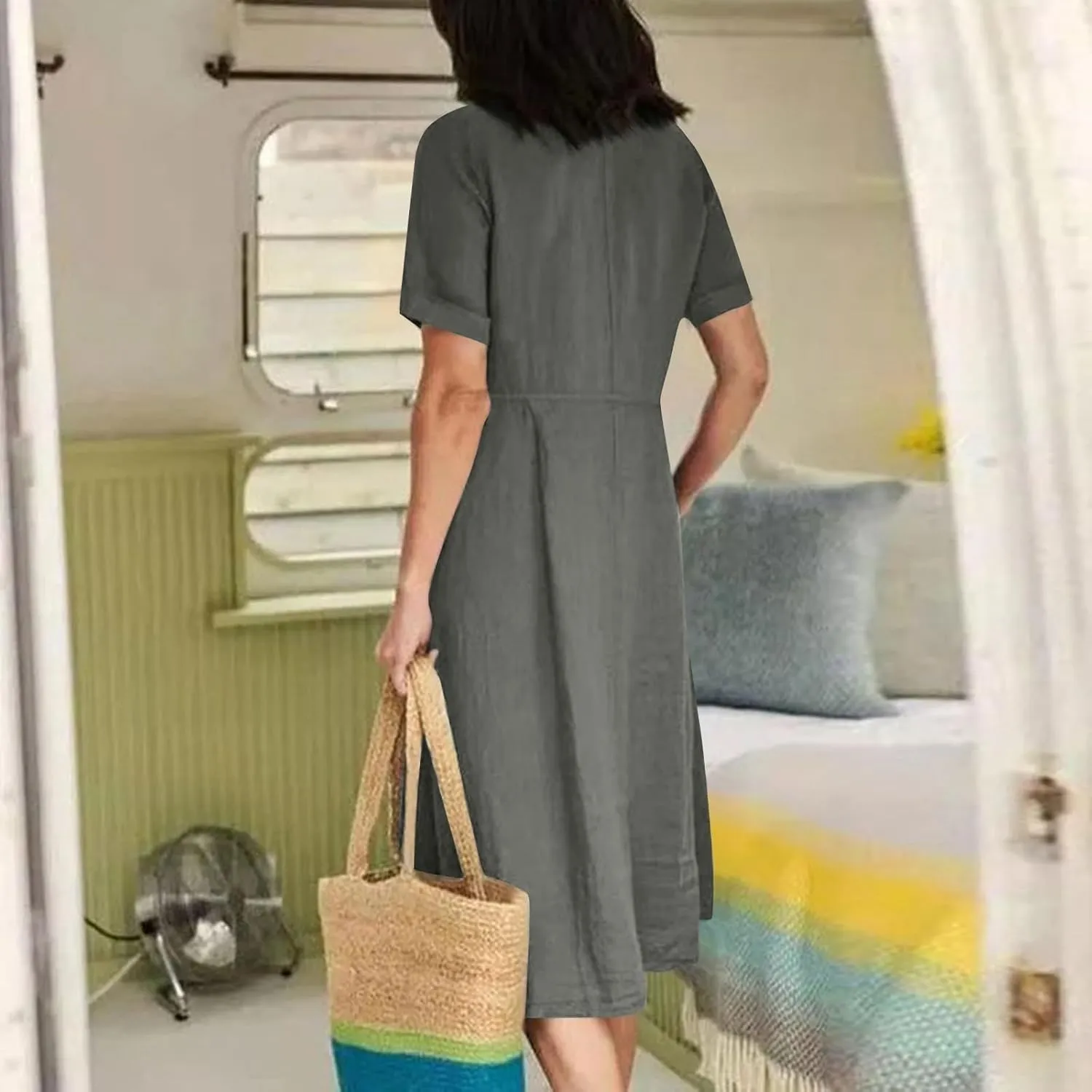 Linen Dresses for Women 2025 Short Sleeve V Neck Plus Size Midi Shirt Dress Flowy Loose Button Down Dress with Pockets