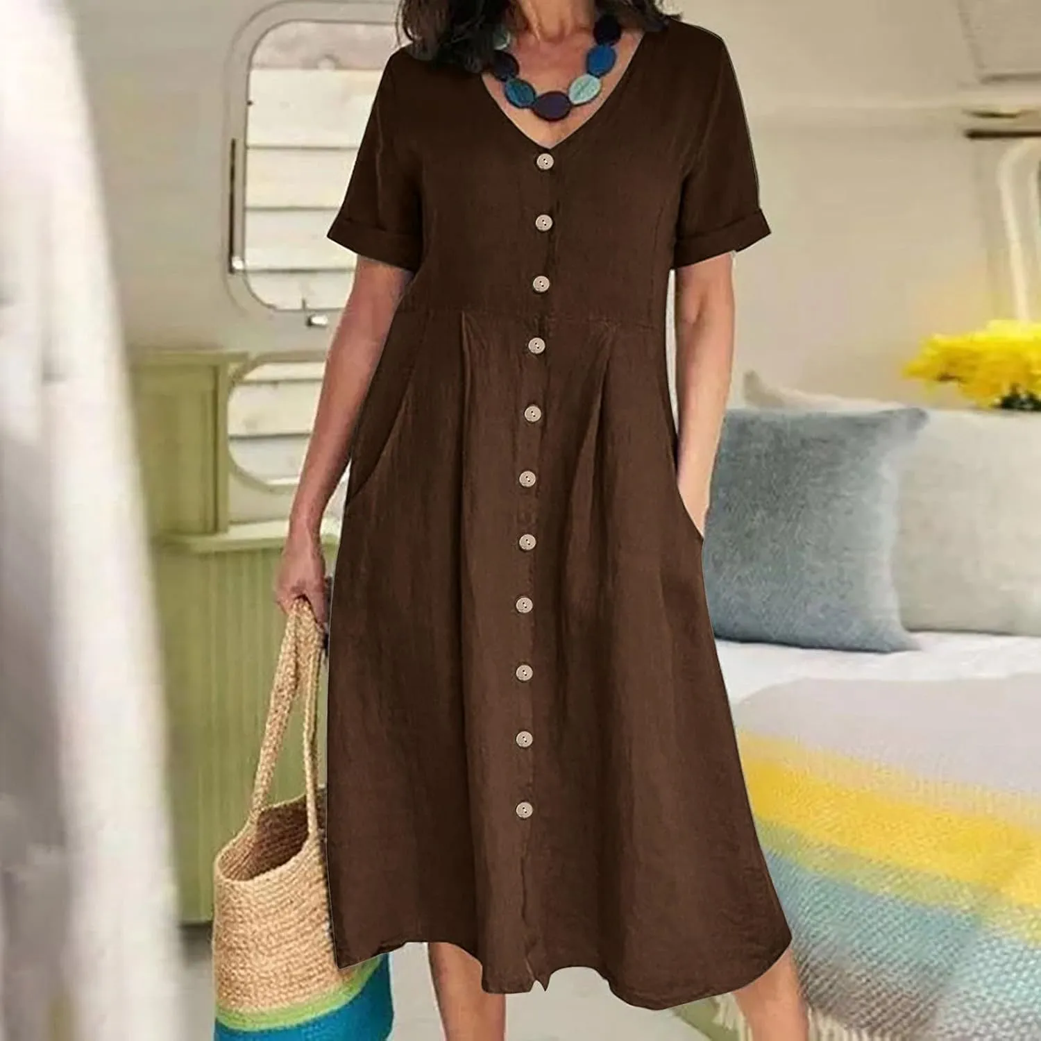 Linen Dresses for Women 2025 Short Sleeve V Neck Plus Size Midi Shirt Dress Flowy Loose Button Down Dress with Pockets