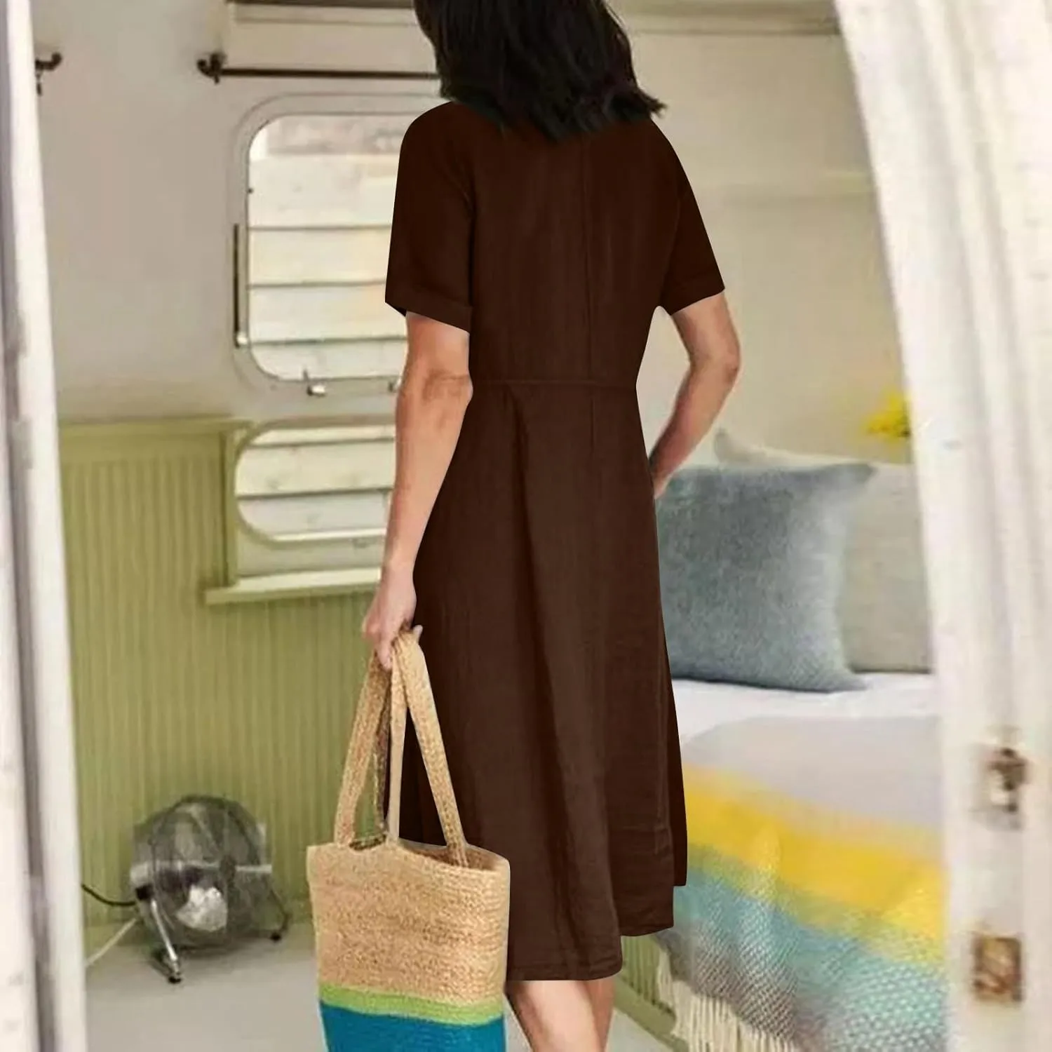 Linen Dresses for Women 2025 Short Sleeve V Neck Plus Size Midi Shirt Dress Flowy Loose Button Down Dress with Pockets