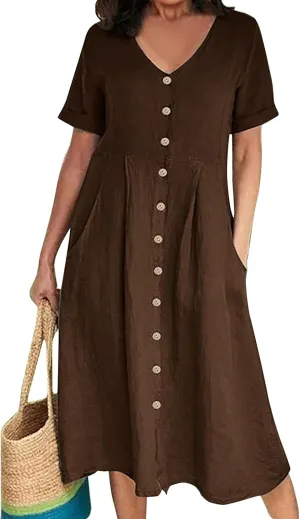 Linen Dresses for Women 2025 Short Sleeve V Neck Plus Size Midi Shirt Dress Flowy Loose Button Down Dress with Pockets