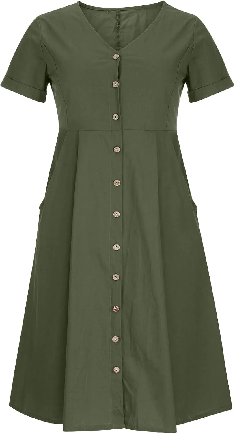 Linen Dresses for Women 2025 Short Sleeve V Neck Plus Size Midi Shirt Dress Flowy Loose Button Down Dress with Pockets