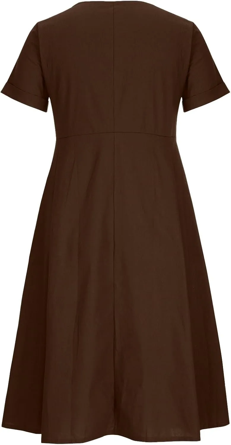 Linen Dresses for Women 2025 Short Sleeve V Neck Plus Size Midi Shirt Dress Flowy Loose Button Down Dress with Pockets
