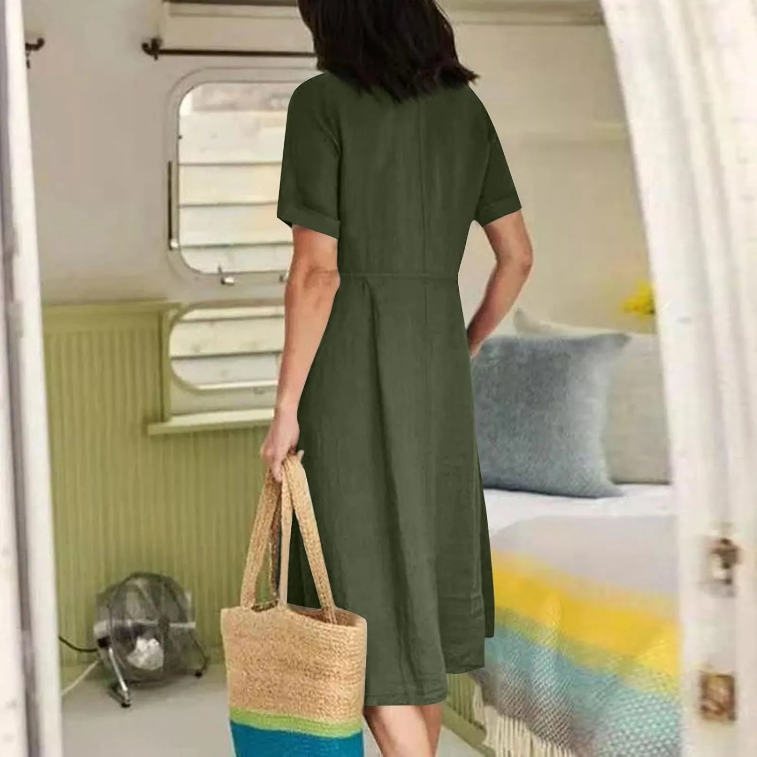 Linen Dresses for Women 2025 Short Sleeve V Neck Plus Size Midi Shirt Dress Flowy Loose Button Down Dress with Pockets