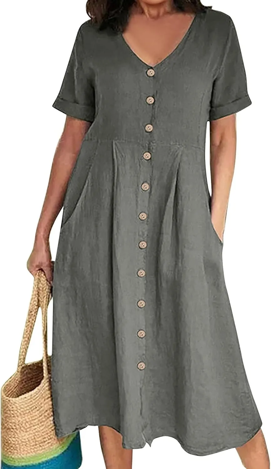 Linen Dresses for Women 2025 Short Sleeve V Neck Plus Size Midi Shirt Dress Flowy Loose Button Down Dress with Pockets