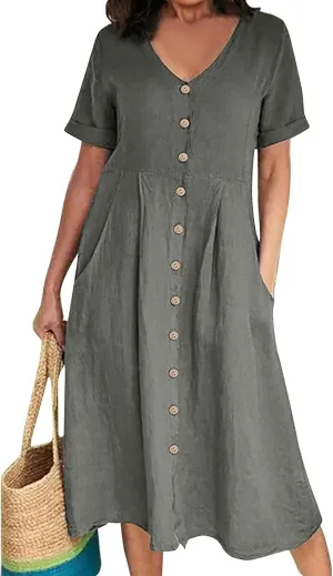 Linen Dresses for Women 2025 Short Sleeve V Neck Plus Size Midi Shirt Dress Flowy Loose Button Down Dress with Pockets