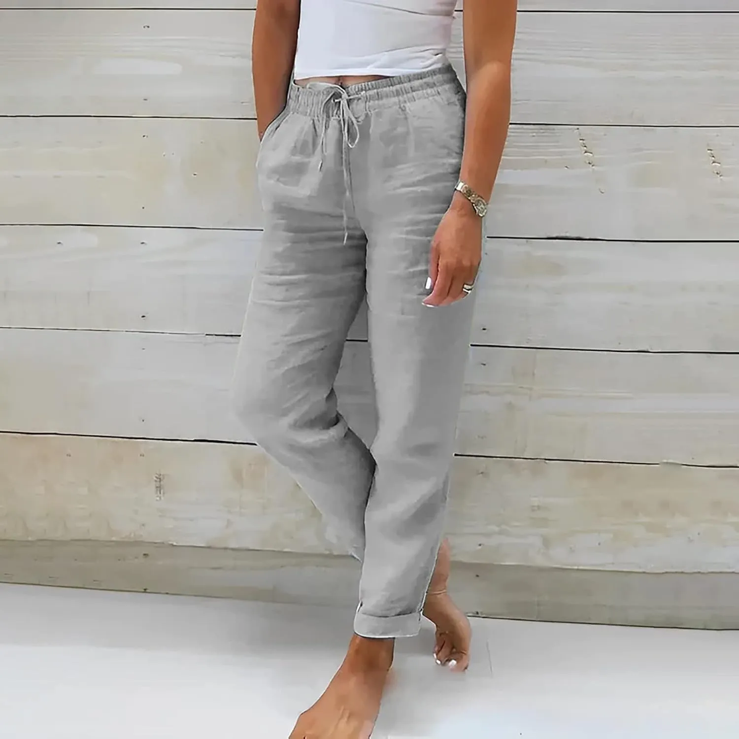 Linen Pants Linen Wide Leg Pants for Women High Waisted Linen Pants Women Women's Summer Linen Pants Casual Loose Drawstring