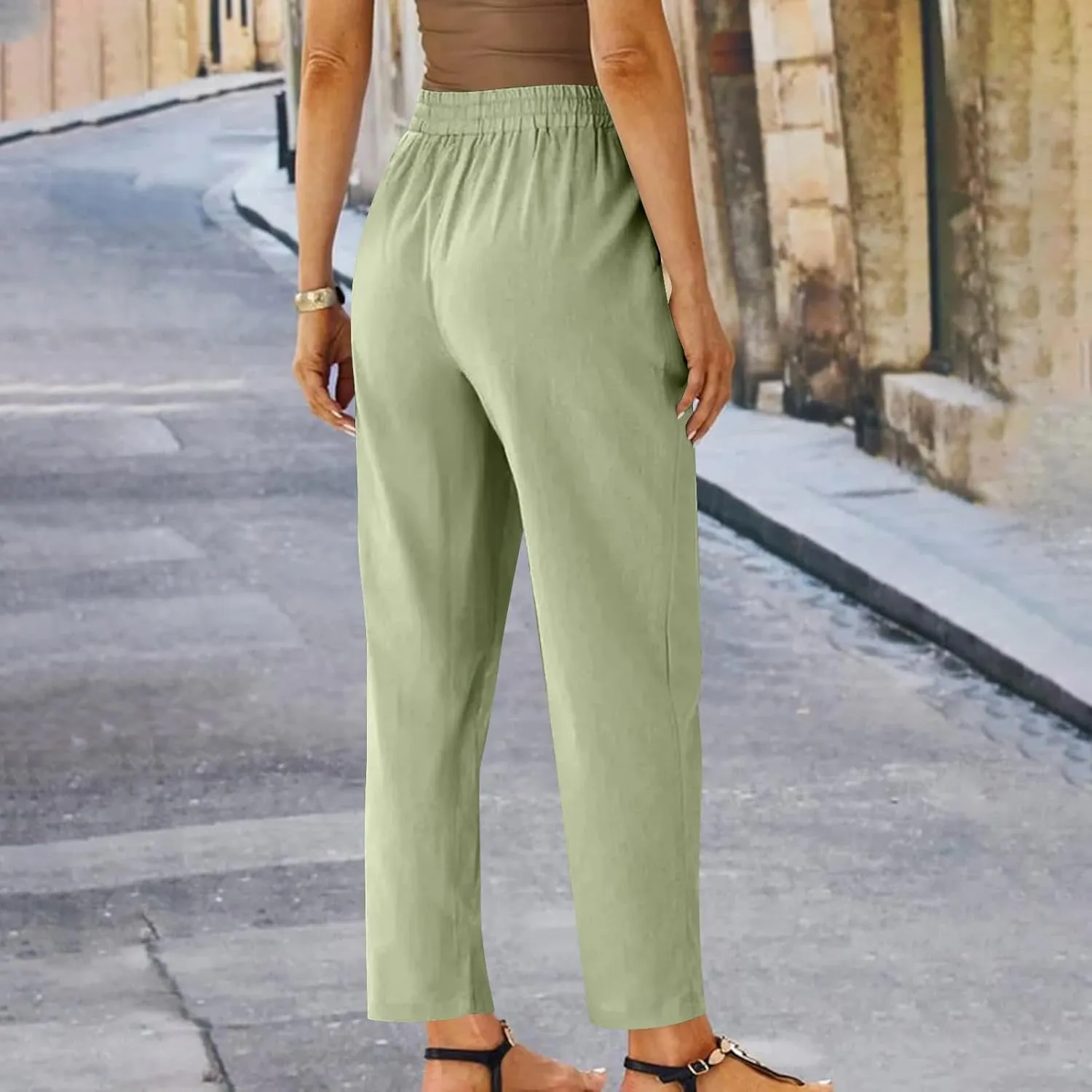 Linen Pants Women Drawstring Elastic High Waisted Capri Trousers Baggy Lightweight Summer Vacation Outfits