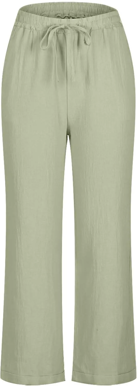 Linen Pants Women Drawstring Elastic High Waisted Capri Trousers Baggy Lightweight Summer Vacation Outfits