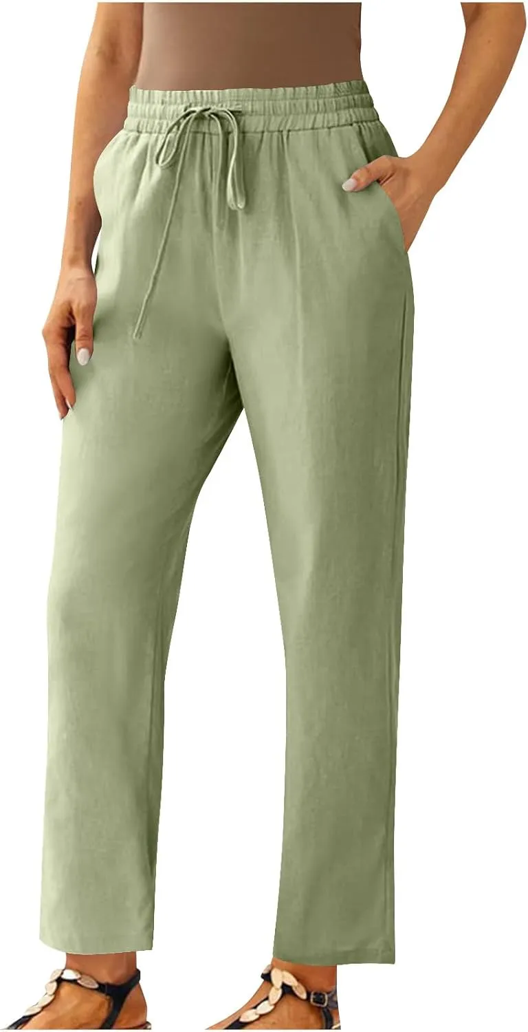Linen Pants Women Drawstring Elastic High Waisted Capri Trousers Baggy Lightweight Summer Vacation Outfits