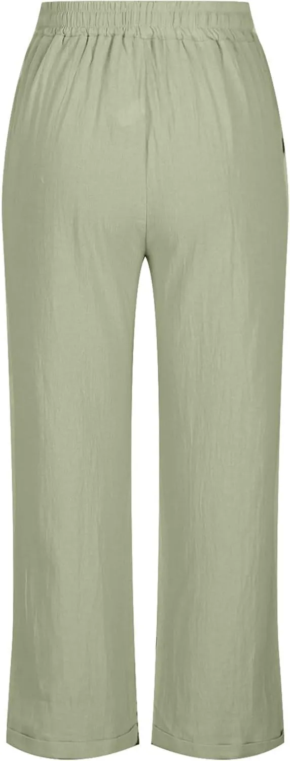 Linen Pants Women Drawstring Elastic High Waisted Capri Trousers Baggy Lightweight Summer Vacation Outfits
