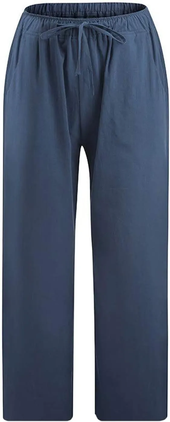 Linen Pants Women Summer Casual 2025 Capri Pants Drawstring Elastic High Waist Cropped Trousers with Pockets