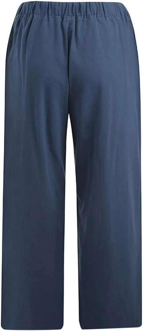 Linen Pants Women Summer Casual 2025 Capri Pants Drawstring Elastic High Waist Cropped Trousers with Pockets