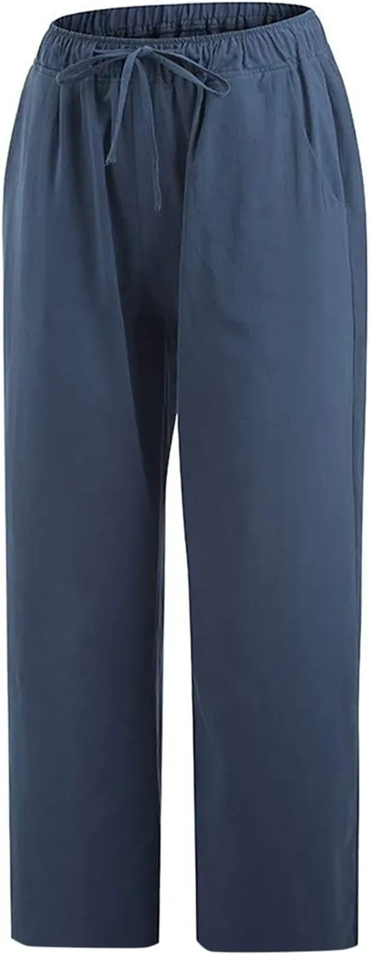 Linen Pants Women Summer Casual 2025 Capri Pants Drawstring Elastic High Waist Cropped Trousers with Pockets