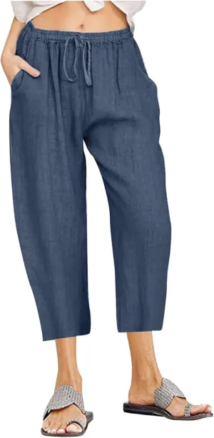 Linen Pants Women Summer Casual 2025 Capri Pants Drawstring Elastic High Waist Cropped Trousers with Pockets
