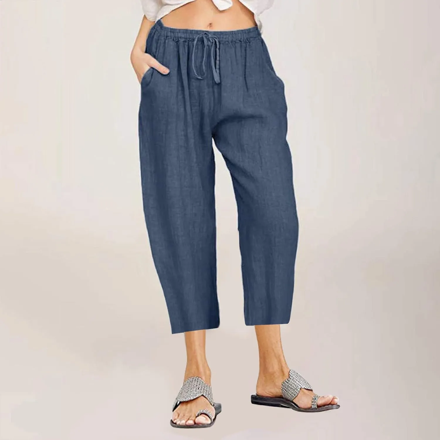 Linen Pants Women Summer Casual 2025 Capri Pants Drawstring Elastic High Waist Cropped Trousers with Pockets