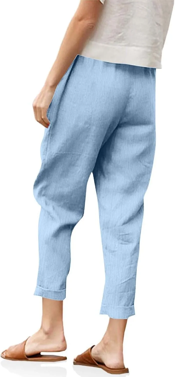 Linen Pants Women Summer Hight Waist Casual Pants Comfy Pull On Straight Leg Trousers with Pockets Trendy Lounge Pants