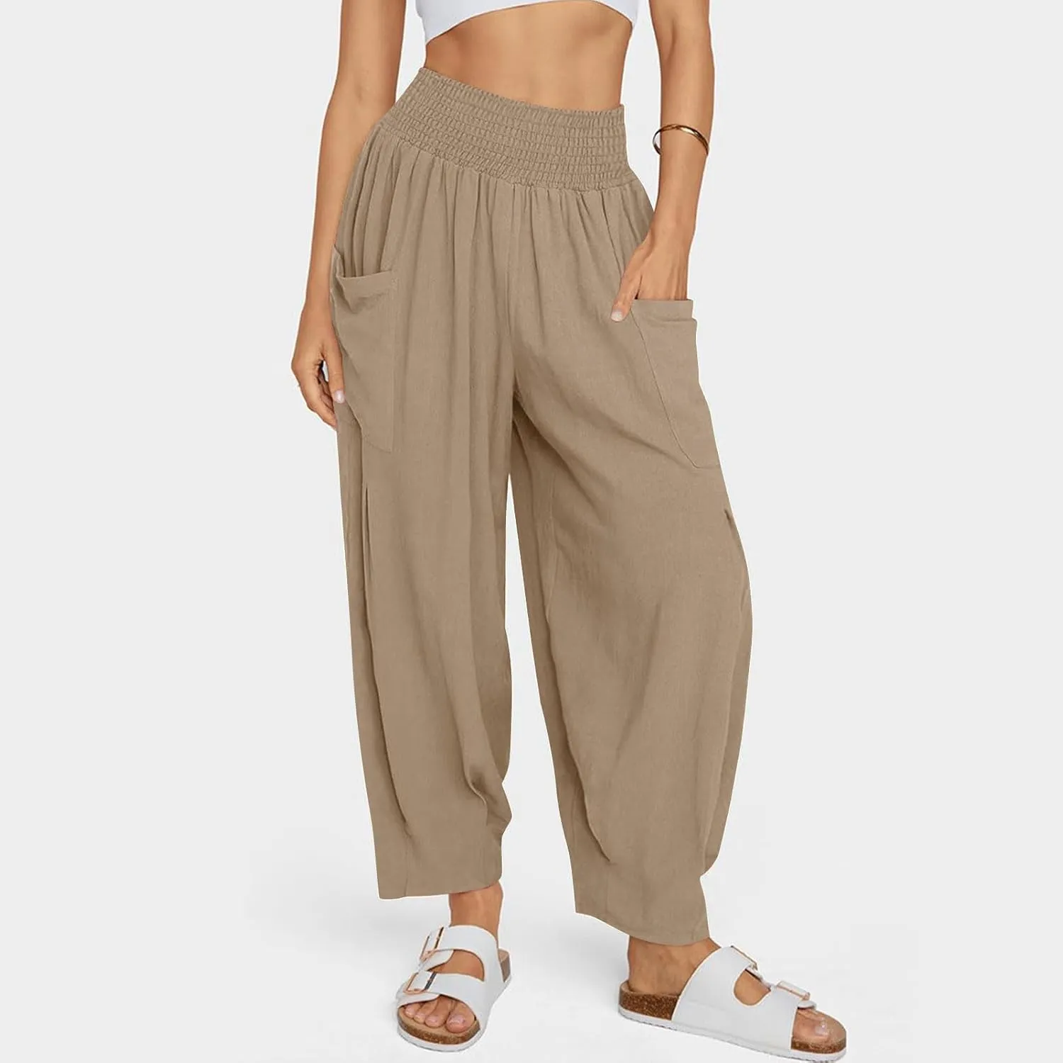 Linen Pants Women Summer Trendy Casual Elastic Waisted Wide Leg Pants Plus Size Loose Fit Lounge Trousers with Pockets