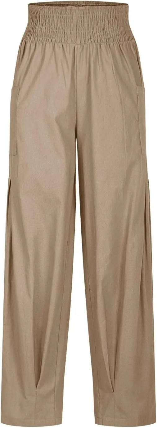 Linen Pants Women Summer Trendy Casual Elastic Waisted Wide Leg Pants Plus Size Loose Fit Lounge Trousers with Pockets