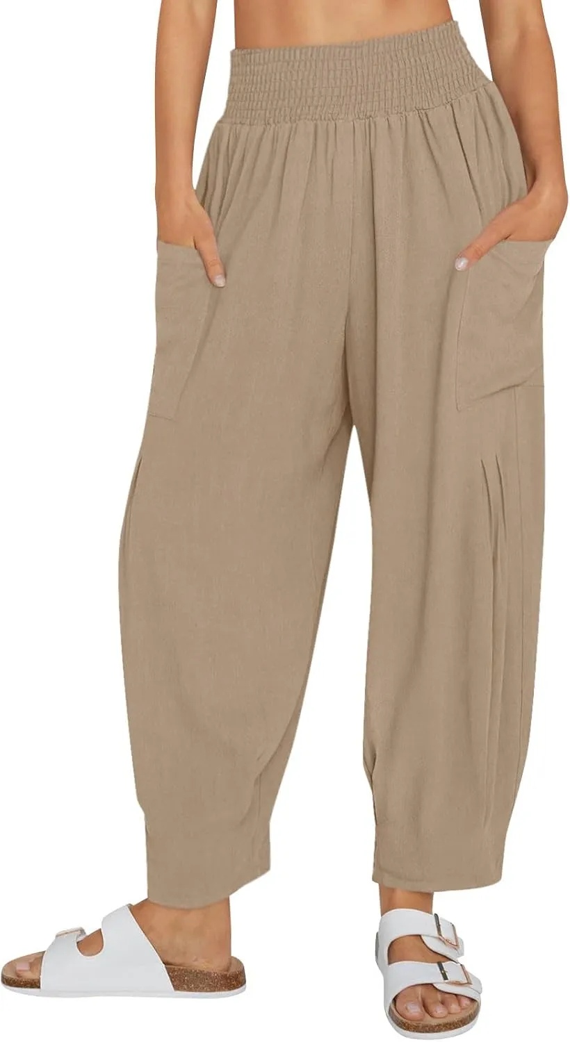 Linen Pants Women Summer Trendy Casual Elastic Waisted Wide Leg Pants Plus Size Loose Fit Lounge Trousers with Pockets