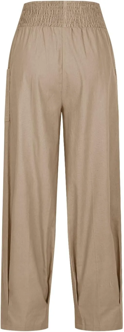 Linen Pants Women Summer Trendy Casual Elastic Waisted Wide Leg Pants Plus Size Loose Fit Lounge Trousers with Pockets