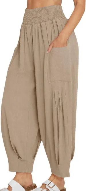 Linen Pants Women Summer Trendy Casual Elastic Waisted Wide Leg Pants Plus Size Loose Fit Lounge Trousers with Pockets