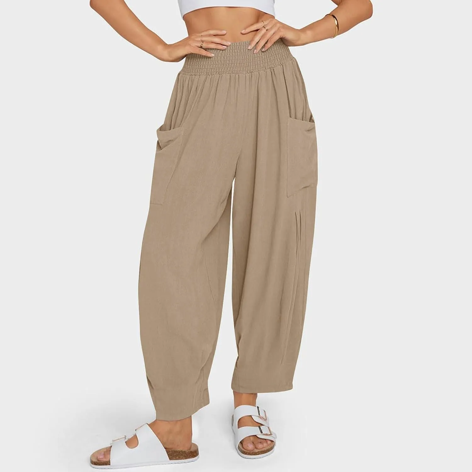 Linen Pants Women Summer Trendy Casual Elastic Waisted Wide Leg Pants Plus Size Loose Fit Lounge Trousers with Pockets
