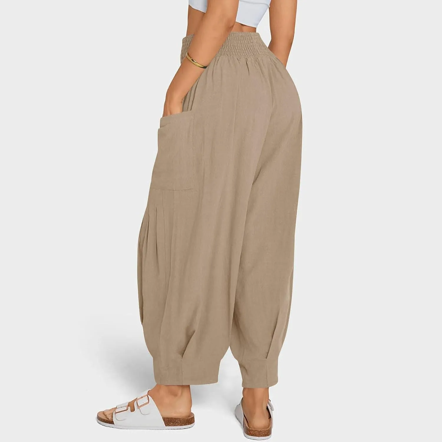 Linen Pants Women Summer Trendy Casual Elastic Waisted Wide Leg Pants Plus Size Loose Fit Lounge Trousers with Pockets