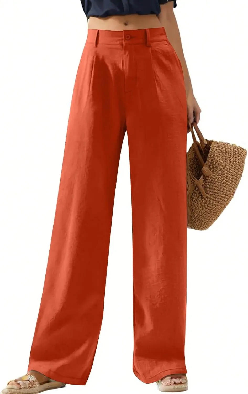Linen Wide Leg Pants for Women Business Casual High Waisted Dress Pants Office Work Pants Straight Trousers w/Pockets