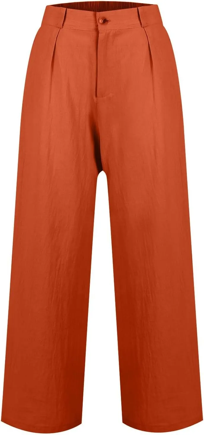 Linen Wide Leg Pants for Women Business Casual High Waisted Dress Pants Office Work Pants Straight Trousers w/Pockets