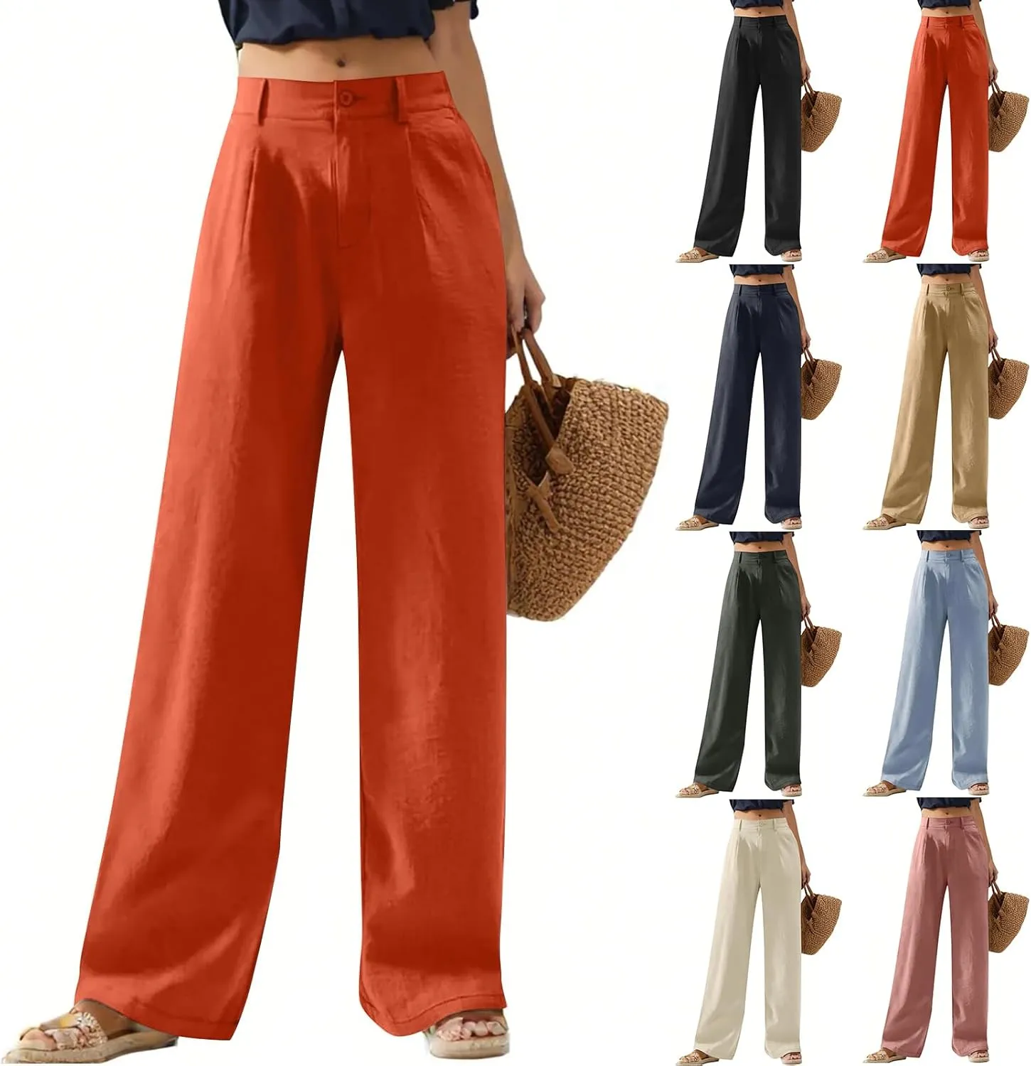 Linen Wide Leg Pants for Women Business Casual High Waisted Dress Pants Office Work Pants Straight Trousers w/Pockets