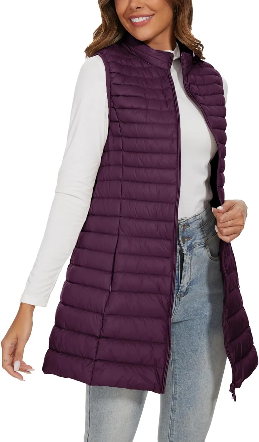 Long Puffer Vest for Women Winter Lightweight Down Vest Black Womens Vests Outerwear Sleeveless Jacket with Pockets