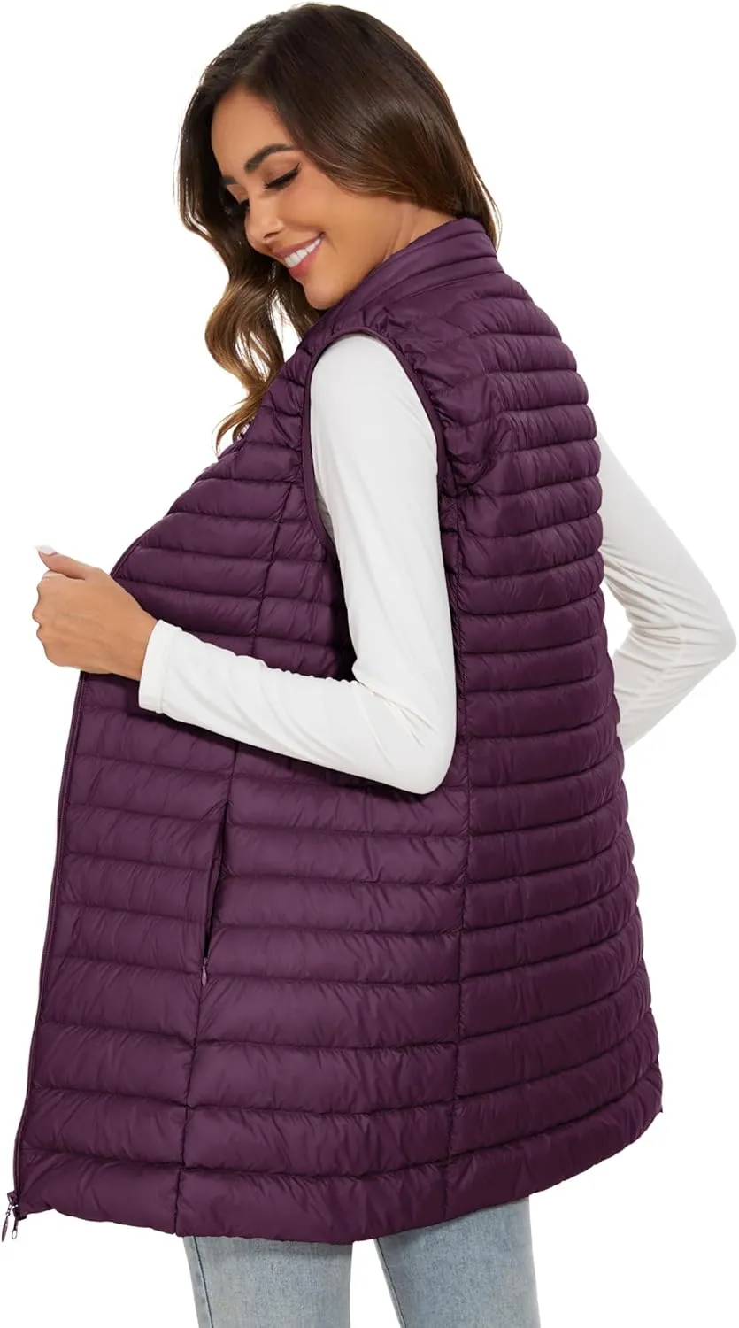 Long Puffer Vest for Women Winter Lightweight Down Vest Black Womens Vests Outerwear Sleeveless Jacket with Pockets