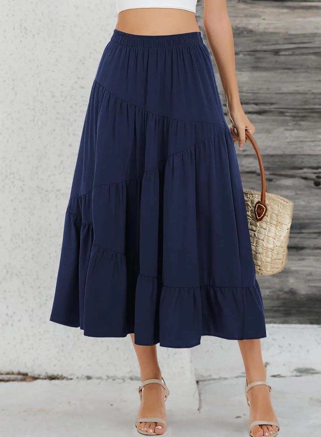 Long Skirts for Women 2025 Trendy Summer Boho Elastic Waist Flowy A Line Maxi Tiered Skirt