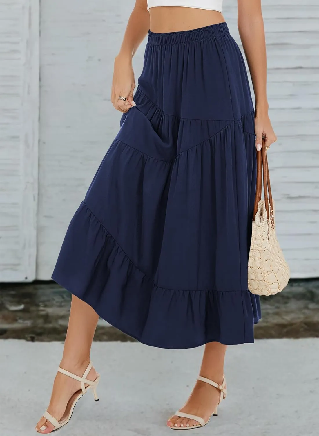 Long Skirts for Women 2025 Trendy Summer Boho Elastic Waist Flowy A Line Maxi Tiered Skirt