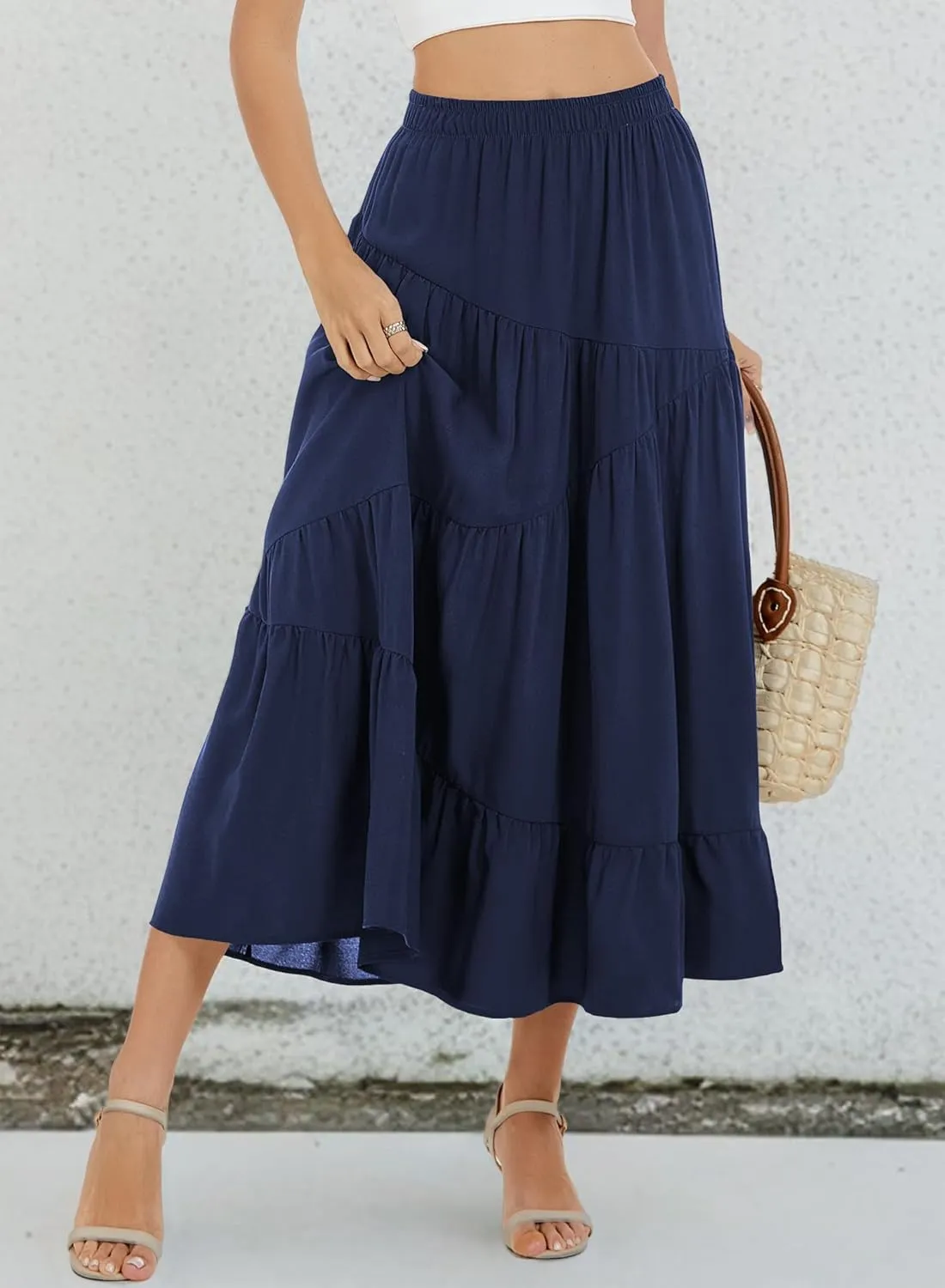 Long Skirts for Women 2025 Trendy Summer Boho Elastic Waist Flowy A Line Maxi Tiered Skirt