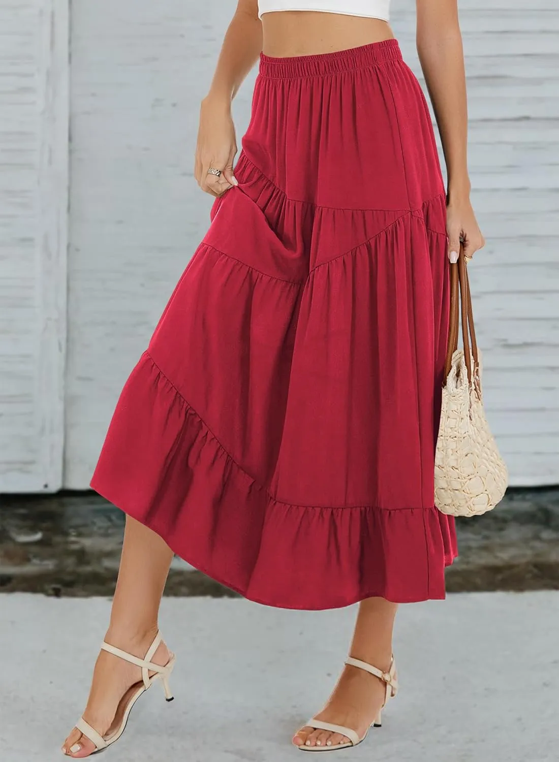 Long Skirts for Women 2025 Trendy Summer Boho Elastic Waist Flowy A Line Maxi Tiered Skirt