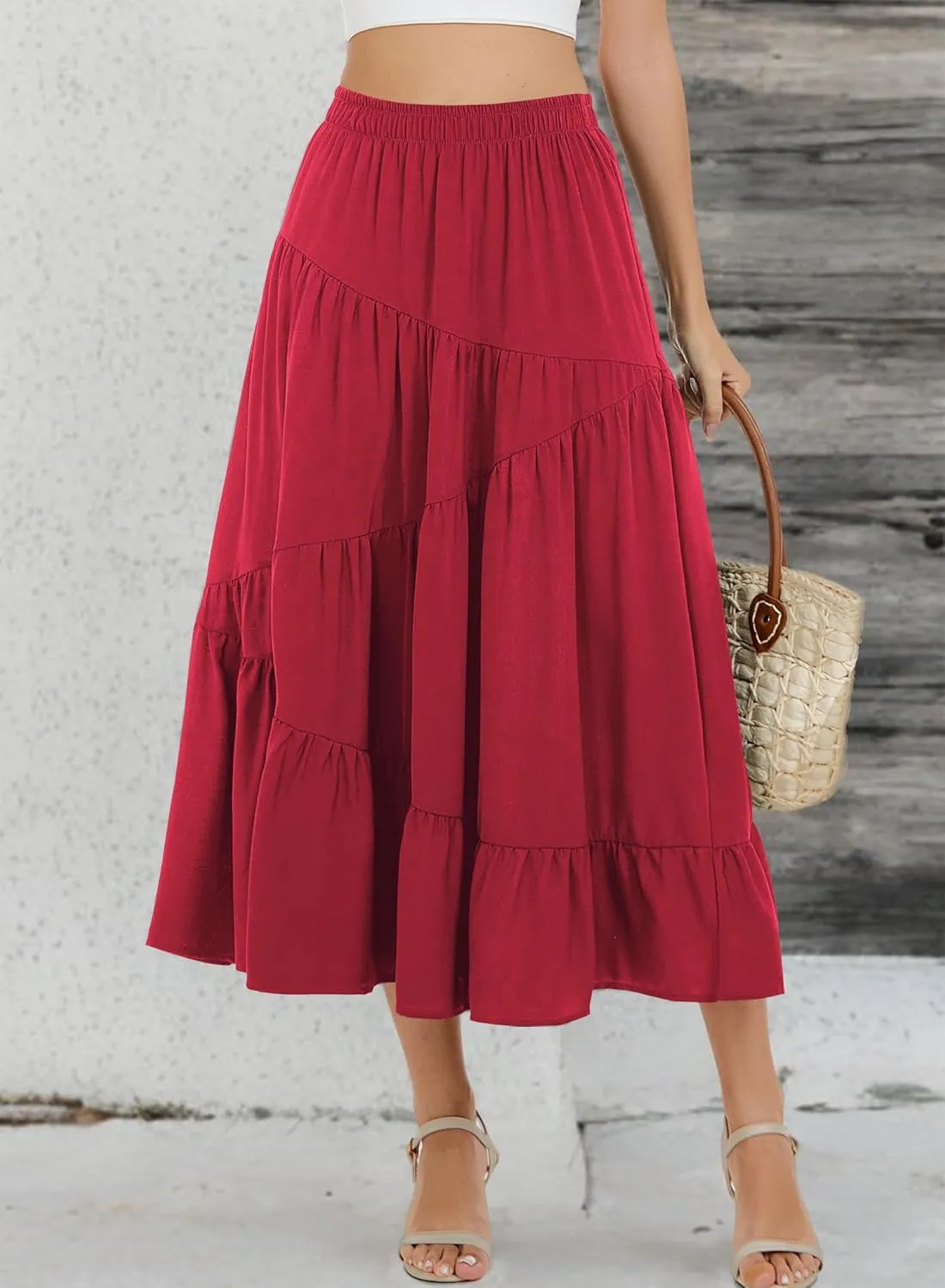 Long Skirts for Women 2025 Trendy Summer Boho Elastic Waist Flowy A Line Maxi Tiered Skirt