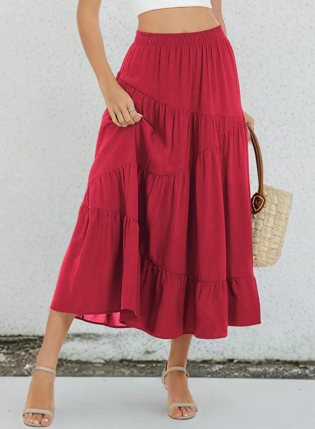 Long Skirts for Women 2025 Trendy Summer Boho Elastic Waist Flowy A Line Maxi Tiered Skirt