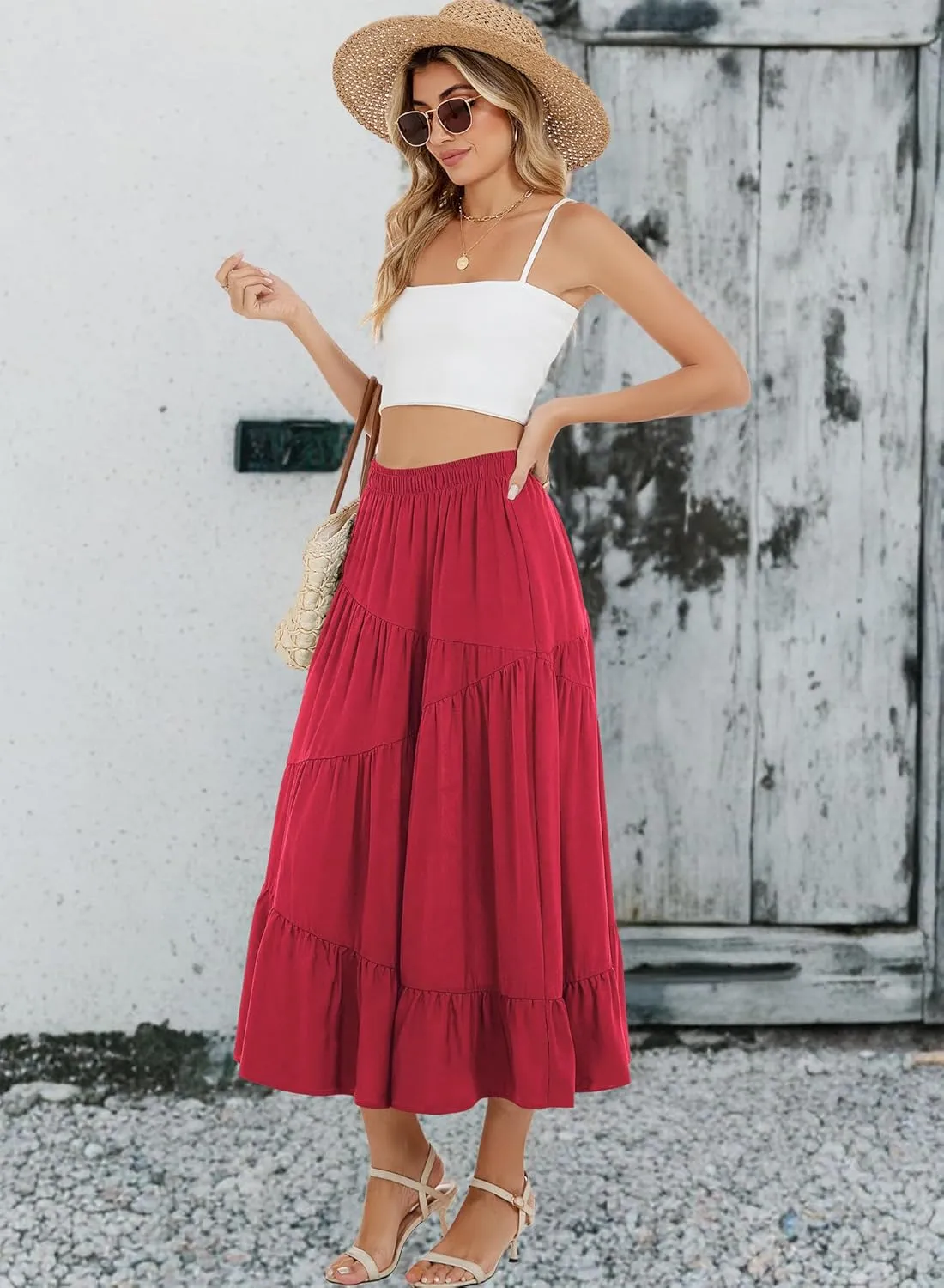 Long Skirts for Women 2025 Trendy Summer Boho Elastic Waist Flowy A Line Maxi Tiered Skirt