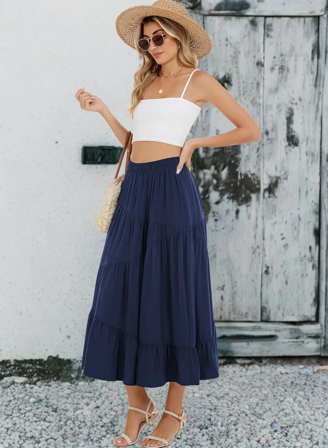 Long Skirts for Women 2025 Trendy Summer Boho Elastic Waist Flowy A Line Maxi Tiered Skirt