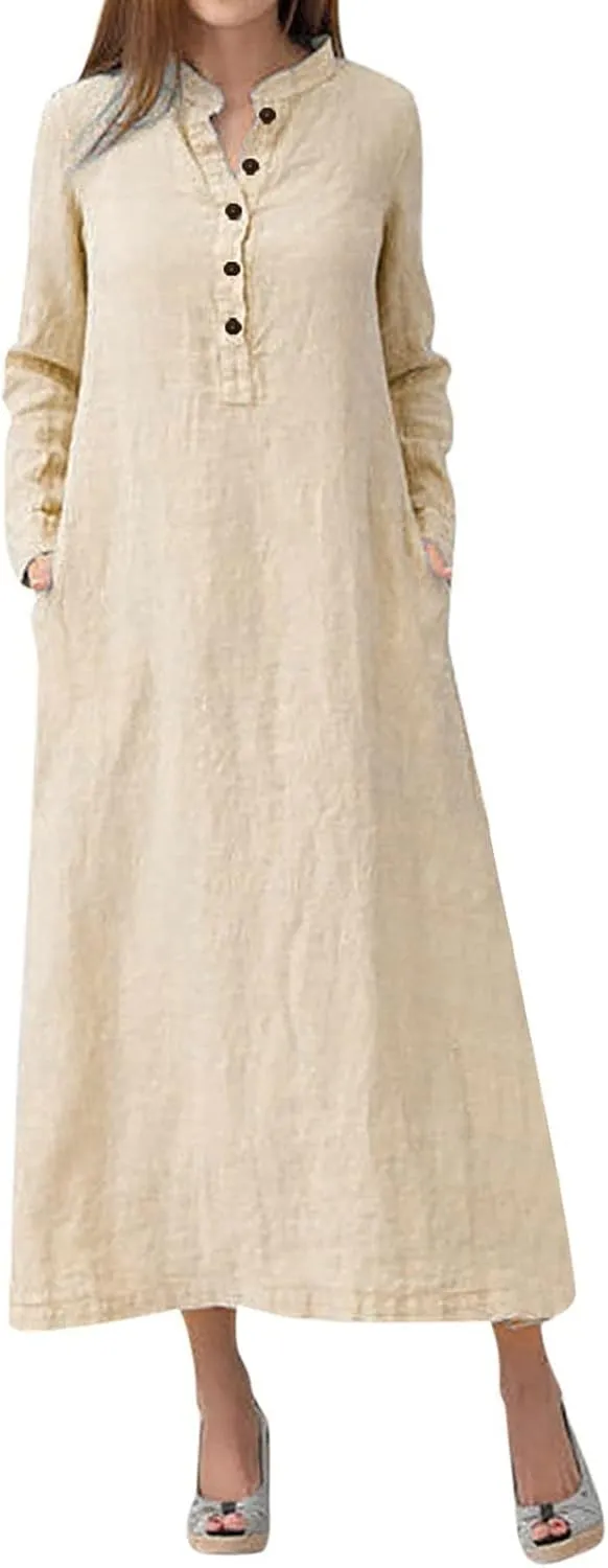 Long Sleeve Midi Dress for Women Casual Loose Button Down Cotton Linen Shirt Dress Split Holiday Dresses with Pocket