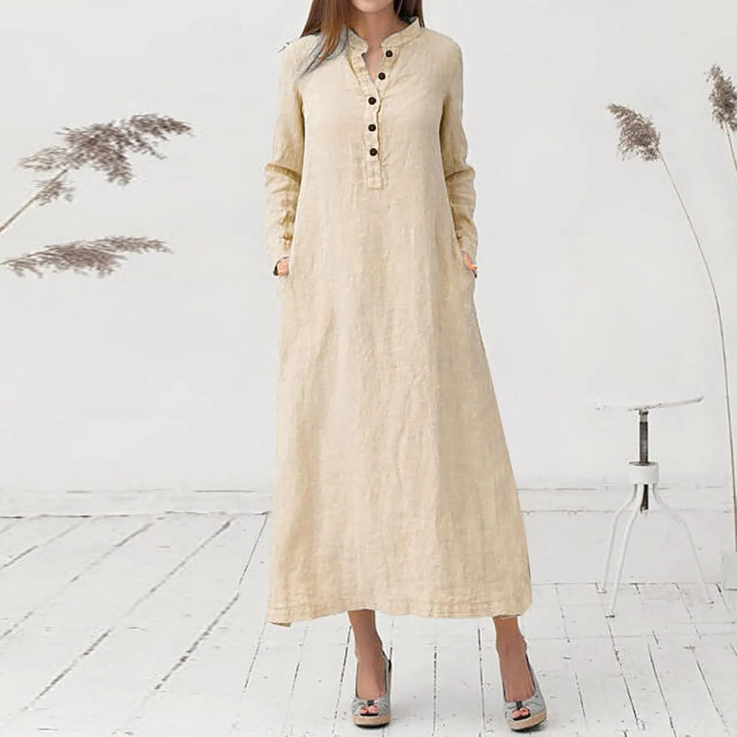 Long Sleeve Midi Dress for Women Casual Loose Button Down Cotton Linen Shirt Dress Split Holiday Dresses with Pocket