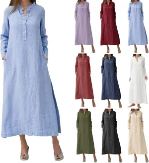 Long Sleeve Midi Dress for Women Casual Loose Button Down Cotton Linen Shirt Dress Split Holiday Dresses with Pocket