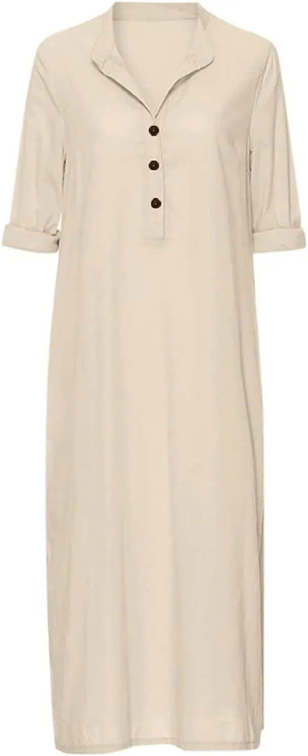 Long Sleeve Midi Dress for Women Casual Loose Button Down Cotton Linen Shirt Dress Split Holiday Dresses with Pocket