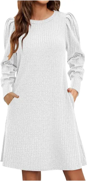 Long Sleeve Ribbed Knit Long Sleeve Dress with Pockets for Women Casual Winter Fall Midi Wedding Guest Work Outfits