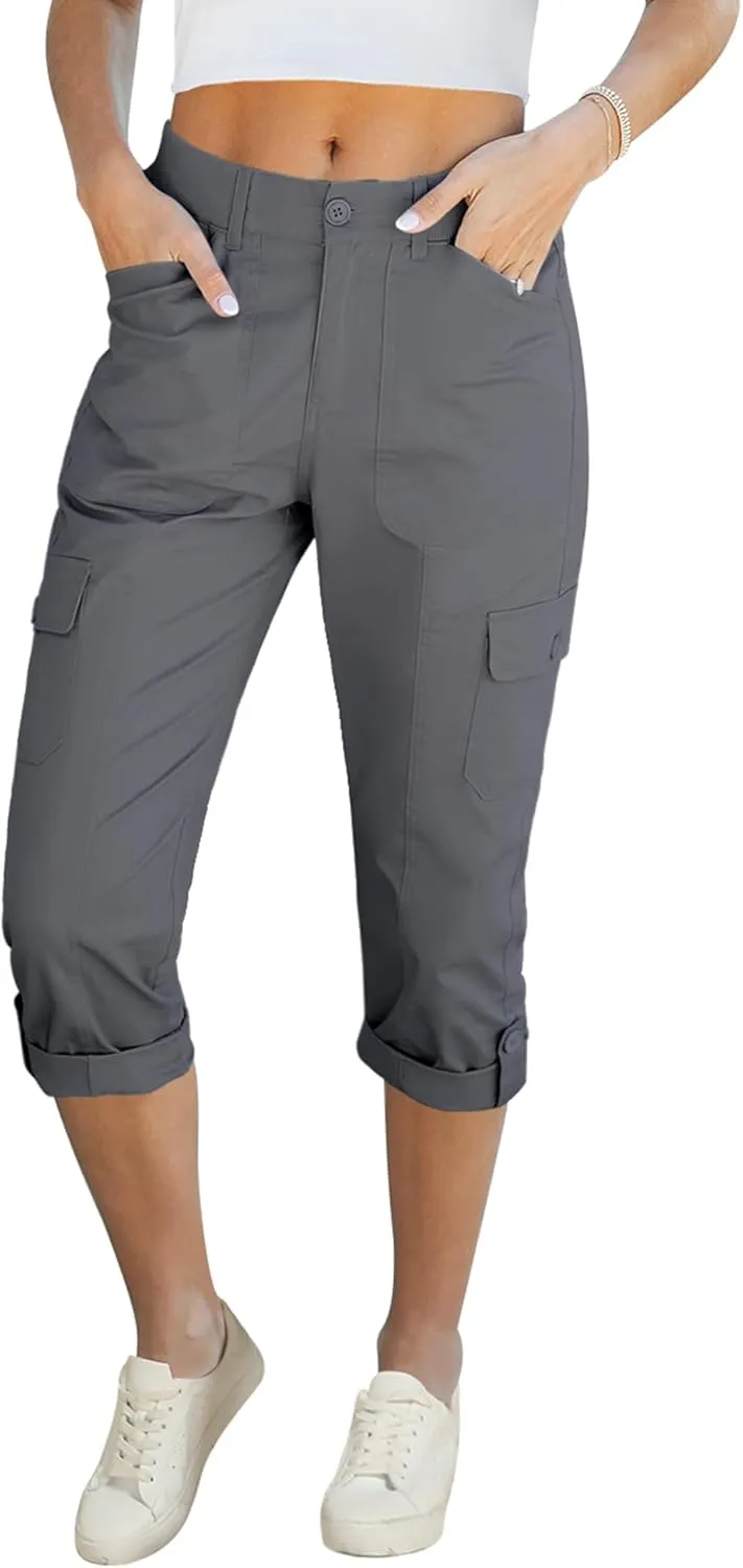 LookbookStore Capri Pants for Women High Waisted Cargo Casual Elastic Waist Rolled Hem Summer Capris Pants with Pockets