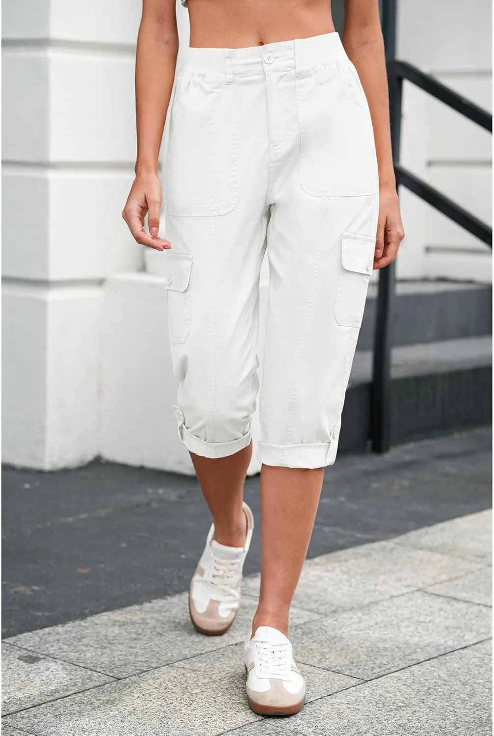 LookbookStore Capri Pants for Women High Waisted Cargo Casual Elastic Waist Rolled Hem Summer Capris Pants with Pockets